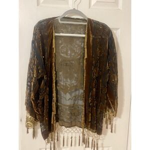 Kimono Cover Up Fringe Boho Hippie Size S  Black And Brown With Gold fringe